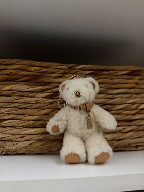 Coach Cream Teddy Bear Bag Charm with Tan Leather Collar